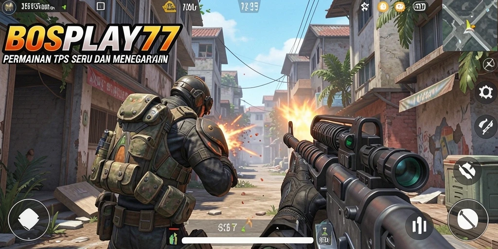 Screenshot utama BOSPLAY77 menampilkan aksi intens dalam gameplay TPS.
