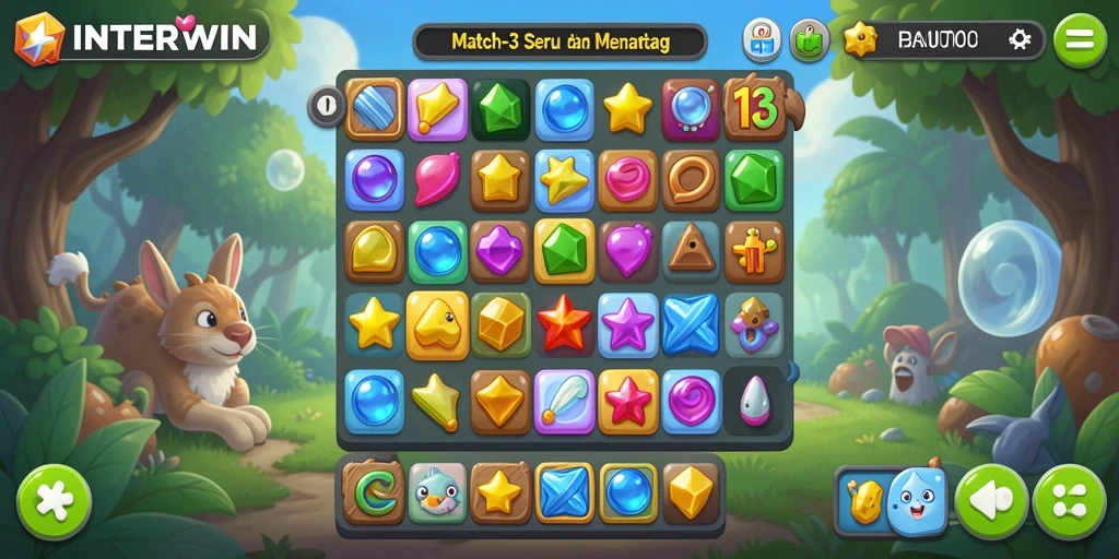 Gameplay INTERWIN menunjukkan aksi mencocokkan permata yang seru.