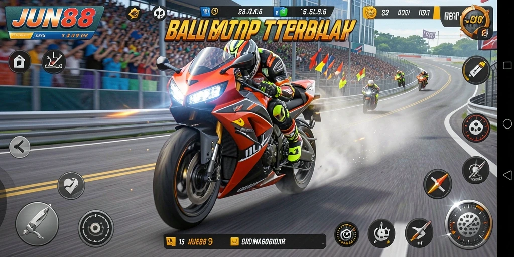 Tangkapan layar gameplay dari JUN88 menunjukkan serunya balapan motor.