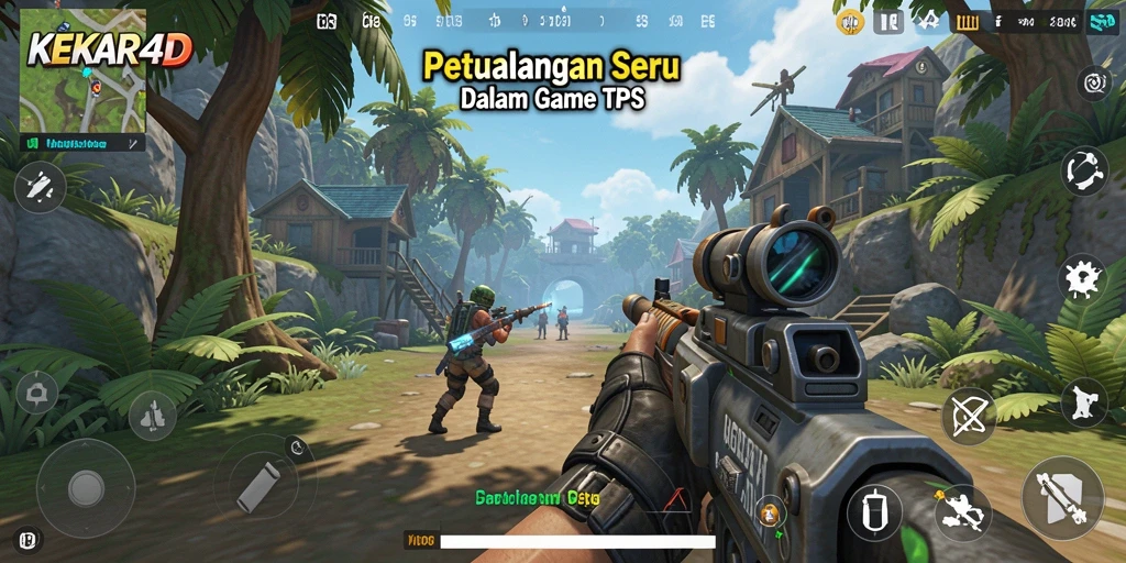 Tampilan utama gameplay KEKAR4D, menunjukkan aksi selancar dalam pertarungan TPS.