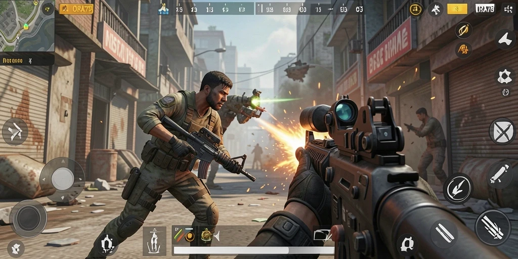Screenshot gameplay ORA78 penuh aksi FPS yang mendebarkan.