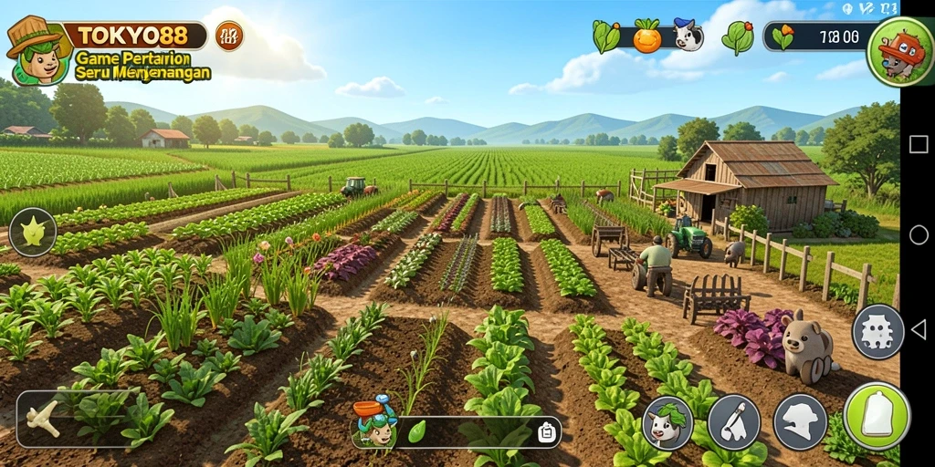 Screenshot gameplay yang menunjukkan ladang dan interaksi hewan dalam TOKYO88.